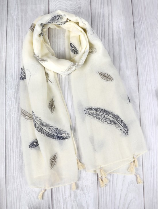 Feather Print Tassels Fashion Scarf W/ Pearl